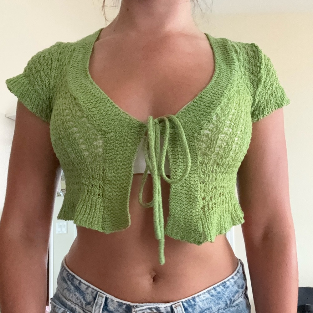 Green Knit Tie-Front Crop Top